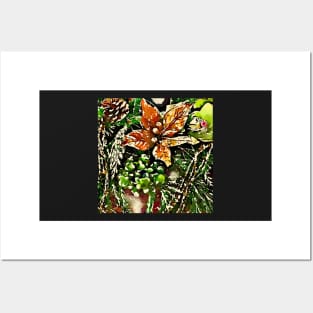 Bronze poinsettia and pine cone print Posters and Art